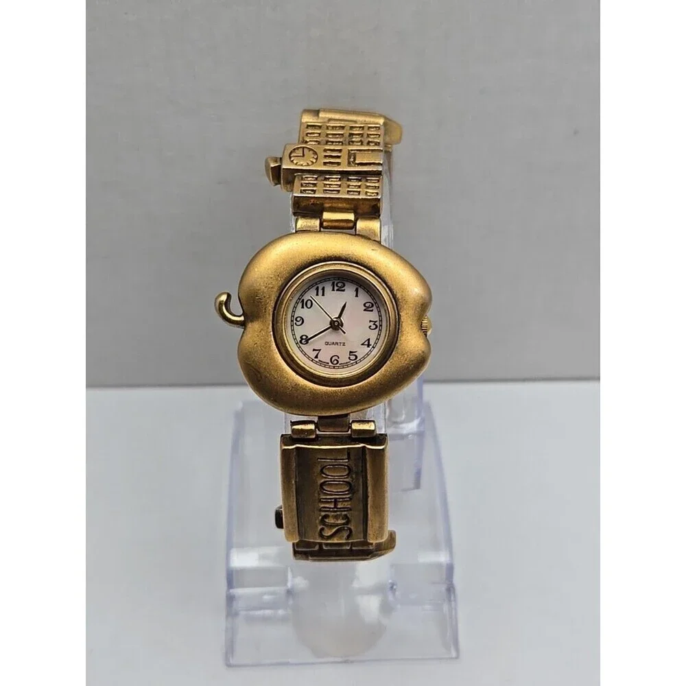 Teacher Apple Bracelet Watch Schoolhouse Charm Gold Tone Quartz New Battery Cute